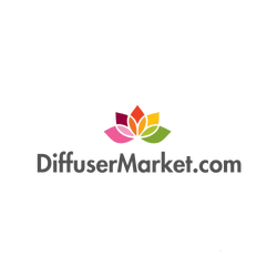 Logo for DiffuserMarket.com printed and a bright multi-coloured lotus flower graphic above the text